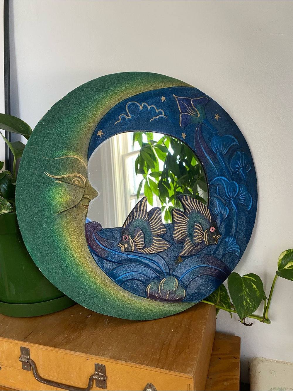 Vintage Hand Painted Hand Carved Celestial Crescent Moon Mirror Wall Decor